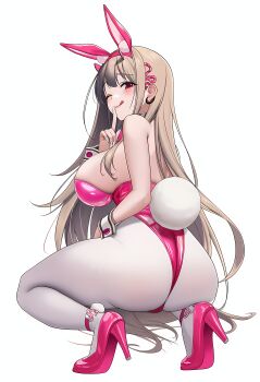 1girl ai-generated alternate_costume animal_ears ass ass_focus bare_shoulders blush breasts brown_hair cameltoe come_hither fake_animal_ears fake_tail from_behind goddess_of_victory:_nikke high_heels huge_ass large_breasts leotard long_hair looking_at_viewer looking_back naughty_face official_alternate_costume one_eye_closed open_mouth pantyhose playboy_bunny qiyue176 rabbit_ears rabbit_tail red_eyes sideboob smile solo squatting tail thick_thighs thighs tongue tongue_out very_long_hair viper_(nikke) viper_(toxic_rabbit)_(nikke)