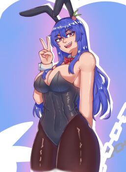 1girl :d animal_ears averageairhead black_leotard black_pantyhose blue_background blue_hair bow bowtie breasts cleavage commentary detached_collar english_commentary highres hinanawi_tenshi large_breasts leotard long_hair looking_at_viewer open_mouth pantyhose peach_hat_ornament playboy_bunny rabbit_ears red_bow red_bowtie red_eyes sharp_teeth smile solo teeth touhou v wrist_cuffs