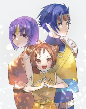 Rule 34 | 2girls, closed mouth, commentary request, elf, gloria (saga), looking at viewer, momoko (nihontou), multiple girls, open mouth, pointy ears, purple hair, saga, saga 3, short hair, smile