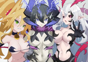 3girls absurdres alternate_costume alternate_hairstyle asagiri_asagi black_hair blonde_hair breast_press breasts choker cleavage corruption cosplay dark_persona demon demon_girl disgaea disgaea_rpg electricity etna_(disgaea) etna_(disgaea)_(cosplay) genderswap genderswap_(mtf) gloves glowing glowing_eyes green_eyes hand_on_own_hip highres horns large_breasts liezerota liezerota_(disgaea) looking_at_viewer majo_to_hyakkihei metallica_(majo_to_hyakkihei) midriff multiple_girls navel nippon_ichi octpus official_alternate_costume open_mouth overlord_asagi parted_lips ponytail possessed possession purple_eyes reaching reaching_towards_viewer red_eyes siblings slit_pupils smile sparks void_dark_(disgaea) white_hair