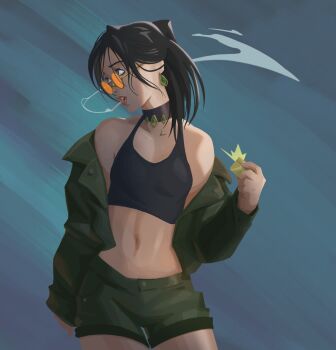 1girl abs bare_shoulders black_hair cigarette earrings female_focus highres jacket jewelry lighter long_hair looking_over_eyewear looking_over_glasses looking_to_the_side luca72 navel necklace open_clothes orange-tinted_eyewear orange-tinted_glasses short_shorts shorts smoking solo sunglasses tagme tank_top tinted_eyewear upper_body