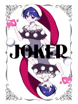 1girl absurdres bare_shoulders black_capelet blob blue_eyes blue_hair border capelet card closed_mouth collared_dress commentary doremy_sweet dream_soul dress english_text hand_up hat highres joker_(playing_card) light_smile looking_at_viewer nightcap off-shoulder_capelet ornate_border playing_card pom_pom_(clothes) red_hat rotational_symmetry sleeveless sleeveless_dress solo touhou turtleneck turtleneck_dress user_wncy2874 white_background white_dress