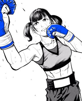 Rule 34 | 1girl, abs, armpit crease, blue gloves, boxing, boxing gloves, boxing shorts, breasts, collarbone, commentary request, gloves, greyscale, highres, lee (dragon garou), linea alba, medium breasts, midriff, monochrome, mouth guard, original, punching, serious, shorts, solo, sports bra, spot color, toned, toned female, twintails, upper body, uppercut, v-shaped eyebrows