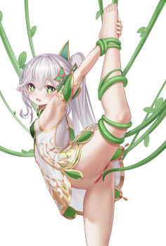 1girl absurdres armpits arms_up ass barefoot bdsm blush bondage bottomless bound breasts censored dress embarrassed feet female_focus flexible from_side genshin_impact green_eyes grey_hair highres hong_bai imminent_penetration imminent_rape imminent_vaginal leg_hold leg_lift leg_up legs loli long_hair looking_at_viewer mosaic_censoring nahida_(genshin_impact) no_panties open_mouth panties plant pointy_ears pussy restrained short_dress side_ponytail simple_background sleeveless sleeveless_dress small_breasts solo split standing standing_on_one_leg standing_split tears thighs toes underwear vines white_background white_dress