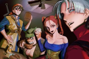 1girl 3boys bandana beer_mug black_hair blue_eyes blue_shirt blunt_bangs breasts brown_hair brown_vest ceiling_fan cleavage closed_mouth coat corset cross_scar cup dragon_quest dragon_quest_viii earrings eating facial_scar furrowed_brow grey_hair hamster hand_on_own_hip hero_(dq8) htkcnosinz jessica_albert jewelry kukuru_(dq8) long_hair medium_breasts mug multiple_boys munchie_(dq8) off-shoulder_shirt off_shoulder open_mouth orange_bandana orange_tunic parted_bangs red_coat scar scar_on_cheek scar_on_face shirt short_hair single_earring smile spiked_helmet tunic twintails upper_body vest weapon weapon_on_back yangus