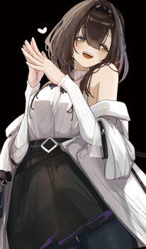 1girl absurdres arknights bare_shoulders belt black_belt black_hairband black_ribbon blush bright_pupils brown_hair coat commentary_request detached_sleeves diamond-shaped_pupils diamond_(shape) grey_eyes hairband heart highres jacket lab_coat long_sleeves looking_at_viewer medium_hair necktie open_clothes open_jacket own_hands_together pantyhose priestess_(arknights) removing_jacket ribbon shirt simple_background skirt smile solo sweater symbol-shaped_pupils taiiiyakiii turtleneck turtleneck_sweater undressing white_coat white_pupils white_sleeves white_sweater