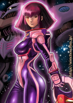 1girl bodysuit breasts glowing gundam gundam_zz haman_karn hayakawa_sonchou helmet highres holding holding_unworn_helmet looking_at_viewer machinery mecha mecha_pilot_suit military_rank_insignia mobile_suit neo_zeon newtype_flash one-eyed purple_hair qubeley red_eyes robot science_fiction serious signature space space_helmet star_(sky) unworn_headwear unworn_helmet watermark web_address zeta_gundam