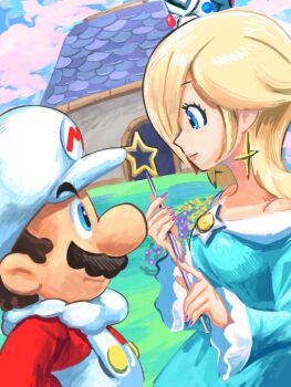 1boy 1girl blonde_hair blue_dress blue_eyes brown_hair building cloud_mario crown day dress earrings facial_hair from_side grass hat highres holding holding_wand jewelry long_hair mario mario_(series) mustache nintendo official_art outdoors overalls red_shirt rosalina shirt short_hair star_(symbol) star_earrings star_wand super_mario_galaxy wand white_hat white_overalls yamari_(ya_mari_6363)