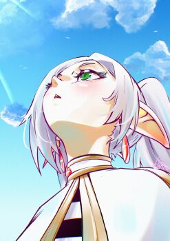 1girl capelet clear_sky earrings elf frieren fukou green_eyes grey_hair head_back highres jewelry long_hair long_pointy_ears looking_up meme parted_bangs pointy_ears shirt sky solo sousou_no_frieren striped_clothes striped_shirt teardrop_earrings twintails upper_body upward_angle_frieren_drawing_(meme) white_capelet