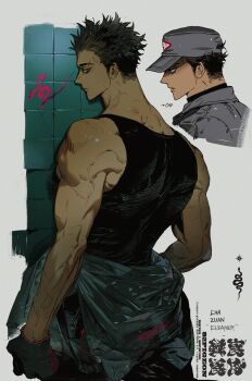 Rule 34 | 1boy, baseball cap, black eyes, black gloves, black hair, black pants, black shirt, clothes around waist, cowboy shot, from side, gloves, grey hat, grey jacket, hat, highres, jacket, jacket around waist, looking at viewer, male focus, manly, multiple views, muscular, muscular male, original, pants, pigeon666, scar, scar across eyebrow, scar on face, shirt, short hair, simple background, solo, spiked hair, tank top, veins, veiny arms, watermark, white background