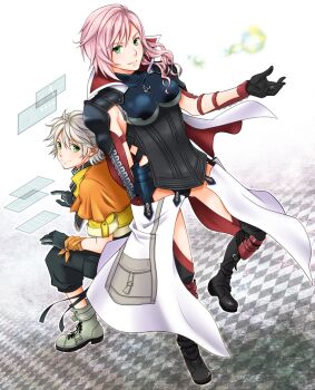 10s 1boy 1girl armor breastplate cape emblem final_fantasy final_fantasy_xiii gloves green_eyes high_collar hope_estheim lightning_farron lightning_returns:_final_fantasy_xiii micha_(chaho) pink_hair scarf silver_hair strap