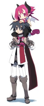 16_ban 1boy 1girl almaz_von_almadine_adamant bad_id bad_pixiv_id black_hair boots carrying disgaea highres horns makai_senki_disgaea_3 pantyhose pink_eyes pink_hair pointy_ears raspberyl scarf shoulder_carry slit_pupils tail wings