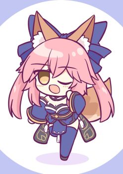 Rule 34 | 1girl, animal ear fluff, animal ears, bare shoulders, blue bow, blue kimono, blue thighhighs, blush, bow, breasts, chibi, cleavage, detached sleeves, fate/grand order, fate (series), fox ears, fox girl, fox tail, hair ribbon, hand up, highres, japanese clothes, kashimu, kimono, large breasts, long hair, one eye closed, open mouth, pink hair, ribbon, saitou chiwa, solo, split ponytail, tail, tamamo no mae (fate), thighhighs, yellow eyes