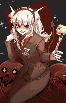 1girl absurdres black_suit business_suit demon_girl demon_horns demon_tail evil_grin evil_smile formal_clothes gloves grin helltaker highres horns long_hair looking_at_viewer lucifer_(helltaker) red_eyes smile solo suit tail uninosono white_gloves white_hair