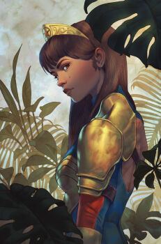 1girl armor blue_leotard brown_eyes brown_hair dark-skinned_female dark_skin dc_comics heattech_leotard highres leaf leotard long_hair mole mole_on_cheek multicolored_leotard pauldrons plant red_leotard shoulder_armor single_pauldron solo tiara turtleneck two-tone_leotard upper_body will_murai wonder_girl wonder_woman_(series) yana_flor