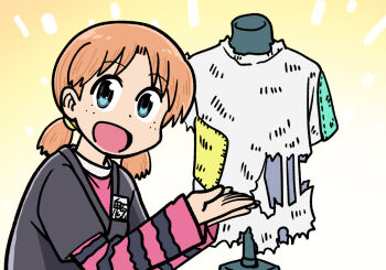 1girl a-king black_jacket blue_hair city_(arawi_keiichi) freckles gradient_background jacket looking_at_viewer open_mouth orange_hair pink_shirt scene_reference shirt short_twintails smile solo striped_arm_warmers torn_clothes torn_shirt twintails upper_body white_background white_shirt yellow_background