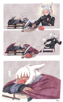 ... 2girls 3koma absurdres animal_ears artist_self-insert warrior_of_light_(ff14) blush book box cat_ears cat_girl cat_tail claw_ring closed_eyes comic covering_with_blanket dark-skinned_female dark_skin dress facial_mark final_fantasy final_fantasy_xiv fingerless_gloves fleeing fur-trimmed_dress fur_trim gloves grey_eyes grey_hair heart-shaped_box highres hjz_(artemi) holding_hands inkwell miqo'te multiple_girls partially_fingerless_gloves quill short_hair sleeping tail whisker_markings y'shtola_rhul