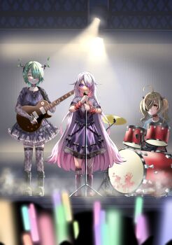 Rule 34 | 3girls, absurdres, ahoge, arm warmers, asymmetrical legwear, black arm warmers, black bow, black choker, black shirt, bow, brown hair, ceres fauna, ceres fauna (goth), choker, commentary, drum, drumsticks, english commentary, fishnets, goth fashion, gradient hair, green hair, guitar, hair over one eye, highres, holding, holding drumsticks, holding guitar, holding instrument, holding microphone stand, hololive, hololive english, horns, instrument, koseki bijou, long hair, microphone stand, mole, mole under eye, multicolored arm warmers, multicolored hair, multiple girls, nanashi mumei, nanashi mumei (emo), orange arm warmers, pink hair, purple eyes, purple hair, shirt, short hair, short sleeves, smile, striped arm warmers, tmo88, twintails, very long hair, virtual youtuber, white hair, worried, yellow eyes
