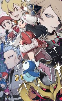 4girls 5boys barry_(pokemon) beanie black_hair blonde_hair blue_hair blue_jacket boots chikiso closed_mouth coat commentary cynthia_(pokemon) cyrus_(pokemon) dawn_(pokemon) facial_hair gen_4_pokemon giratina giratina_(origin) green_necktie grey_hair hair_between_eyes hair_ornament hairclip hat highres holding holding_poke_ball holding_pokedex jacket jupiter_(pokemon) kneehighs legendary_pokemon long_hair long_sleeves looking_at_viewer looking_back lucas_(pokemon) mars_(pokemon) multiple_boys multiple_girls mustache necktie nintendo open_mouth pink_boots pink_jacket piplup poke_ball poke_ball_(basic) pokedex pokemon pokemon_(creature) pokemon_dppt pokemon_platinum poketch professor_rowan purple_hair red_coat red_hair red_hat saturn_(pokemon) scarf short_hair smile socks solo_focus sparkle spiked_hair team_galactic team_galactic_uniform teeth watch white_hat white_scarf white_socks wristwatch