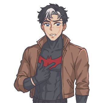 1boy bat_signal batman_(series) batman_symbol black_bodysuit black_gloves blue_eyes bodysuit brown_jacket dc_comics gloves grey_bodysuit highres jacket jason_todd male_focus multicolored_bodysuit multicolored_hair muscular muscular_male red_hood_(dc) red_hood_and_the_outlaws scar scar_on_face seajelllies streaked_hair white_hair