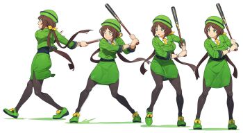 Rule 34 | 1girl, animal ears, baseball bat, black pantyhose, bow, bowler hat, brown hair, buttons, double-breasted, formal clothes, green eyes, green footwear, green hat, green jacket, green skirt, hair bow, hat, hayakawa tazuna, highres, holding, holding baseball bat, horse ears, horse girl, jacket, long hair, multiple views, nishiki kazue, pantyhose, simple background, skirt, skirt suit, split ponytail, suit, umamusume, white background, yellow bow