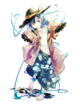 1girl black_hat blouse bow buttons diamond_button eyeball floral_print frilled_shirt_collar frilled_sleeves frills full_body gorilla_(bun0615) green_hair green_skirt hat hat_bow hat_ribbon heart heart_of_string highres komeiji_koishi ribbon rose_print shirt skirt solo standing third_eye tongue tongue_out touhou white_background yellow_bow yellow_ribbon yellow_shirt