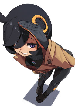 1girl black_bodysuit black_hair blush bodysuit bodysuit_under_clothes breasts brown_jacket dark-skinned_female dark_skin emma_(pokemon) fu-ta full_body grin highres jacket leaning_forward long_sleeves looking_at_viewer mega_stone nintendo pokemon pokemon_legends:_z-a purple_eyes short_hair small_breasts smile solo