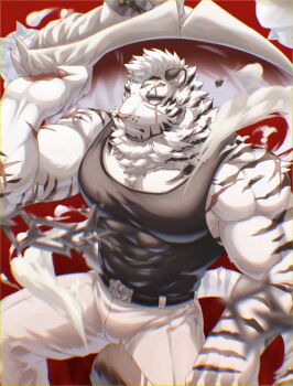 1boy abs animal_ears arknights bara belt black_belt black_tank_top bulge chain chain_necklace commentary_request covered_abs dust feet_out_of_frame furry furry_male highres holding holding_jacket holding_unworn_clothes jacket jewelry large_pectorals male_focus mountain_(arknights) muscular muscular_male nago_cat necklace pants pectoral_cleavage pectorals scar scar_across_eye scar_on_arm scar_on_face short_hair sidepec solo tail tank_top thick_eyebrows tiger_boy tiger_ears tiger_stripes tiger_tail tight_clothes tight_pants unworn_jacket white_fur white_hair white_pants