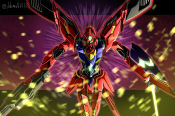 green_eyes gun gundam gundam_age gundam_legilis gundam_legilis_(memory_of_eden) highres holding holding_gun holding_weapon humanoid_robot letterboxed light_particles mecha mobile_suit no_humans outside_border robot shield shimashun solo twitter_username v-fin weapon wings