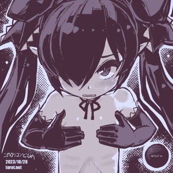 1girl backbeako_(torotei) backbeard blush breasts commentary covering_breasts covering_privates dated dated_commentary elbow_gloves female_focus gegege_no_kitarou gloves greyscale hair_over_one_eye hair_ribbon kono_lolicon_domome loli long_hair looking_at_viewer monochrome neck_ribbon nude one_eye_closed original paid_reward_available parted_lips pointy_ears ribbon ribs simple_background small_breasts solo straight-on sweatdrop torotei translated twintails upper_body watermark web_address