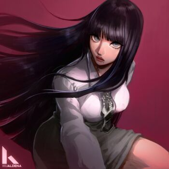 1girl aespa black_hair blue_eyes blunt_bangs closed_mouth commentary floating_hair girls_(aespa) highres ikram karina_(aespa) long_hair long_sleeves makeup making-of_available mascara mole pink_background skirt solo