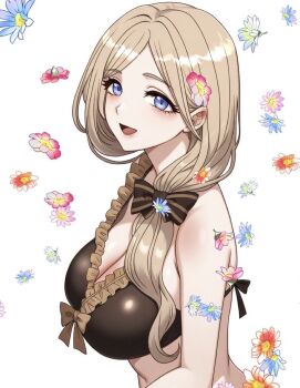 1girl :d bare_arms bare_shoulders bikini black_bow blonde_hair blue_eyes bow breasts brown_bikini cleavage commentary fire_emblem fire_emblem:_three_houses fire_emblem_heroes floral_background from_side hair_bow hair_over_shoulder highres large_breasts long_hair mercedes_von_martritz mercedes_von_martritz_(summer) navel nintendo official_alternate_costume ootuk open_mouth simple_background smile solo stomach swimsuit tongue upper_body