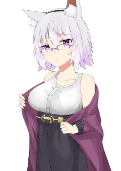 1girl :o absurdres animal_ear_fluff animal_ears bare_shoulders black_hairband black_skirt blush collarbone commentary_request glasses grey_hair hairband high-waist_skirt highres jacket looking_at_viewer multicolored_hair nyaha off_shoulder open_clothes open_jacket original over-rim_eyewear parted_lips partially_undressed purple-tinted_eyewear purple_eyes purple_jacket semi-rimless_eyewear shirt simple_background skirt solo streaked_hair tinted_eyewear white_background white_hair white_shirt