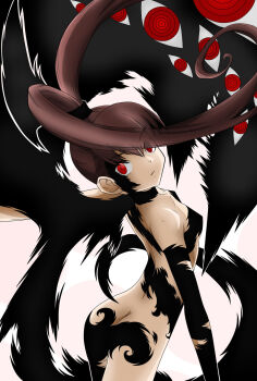 amano_nene_(digimon_xros_wars) ass breasts brown_hair butt_crack collarbone colorized corruption dark_persona digimon digimon_(creature) digimon_xros_wars high_ponytail loli long_hair looking_at_viewer looking_back nakashima_yuuki_(artist) official_art ponytail possessed possession red_eyes ringed_eyes shademon shademon_(nene_ver.) small_breasts split_ponytail