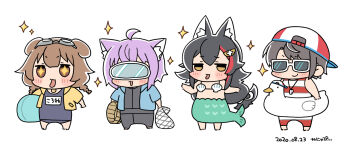 4girls alternate_costume animal_ears backwards_hat bikini black_hair blue_one-piece_swimsuit brown_hair cat_ears cat_girl chibi closed_mouth dog_ears dog_girl fins fish_tail hat hololive inugami_korone kanya_pyi looking_at_viewer multiple_girls nekomata_okayu one-piece_swimsuit ookami_mio oozora_subaru purple_hair red_hair red_hat shell shell_bikini smile striped_clothes striped_one-piece_swimsuit sunglasses swimsuit tail virtual_youtuber white_hat wolf_ears wolf_girl