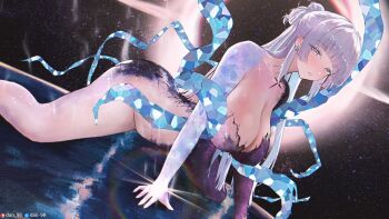 1girl black_hole breasts cleavage dan-98 earrings goddess_of_victory:_nikke grey_hair highres jewelry large_breasts long_hair nayuta_(nikke) nayuta_(wu_wei)_(nikke) patreon_username pixiv_username purple_eyes solo space space_skin thighs