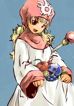 1girl :d apple artist_request bad_id blonde_hair clothes_lift commentary_request dragon_quest dragon_quest_ii dress dress_lift food fruit hood hood_up lifting_own_clothes long_hair long_sleeves lowres no_nose open_mouth princess_of_moonbrook red_eyes skirt_basket slime_(dragon_quest) smile solo staff white_dress