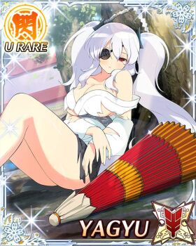 Rule 34 | 1girl, ass, black shorts, border, breasts, card (medium), character name, closed umbrella, day, eyepatch, game cg, japanese clothes, kimono, large breasts, leaning back, light frown, long hair, looking at viewer, official art, oil-paper umbrella, red eyes, senran kagura, senran kagura new wave, shorts, shuriken hair ornament, sitting, solo, sunlight, third-party source, torn clothes, torn kimono, torn shorts, tree, twintails, umbrella, under tree, very long hair, white hair, white kimono, yagyu (senran kagura)