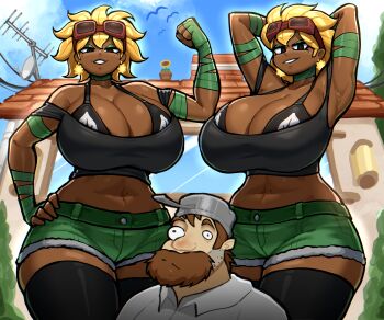 black_bra black_thighhighs blonde_hair bra breasts choker crazy_dave_(plants_vs._zombies) crop_top dark-skinned_female dark_skin denim denim_shorts eyeshadow goggles goggles_on_head green_eyeshadow green_shorts grin hado_(zzzhadozzz) highres huge_breasts makeup midriff navel non-web_source personification plants_vs._zombies shorts smile solar_flare_(plants_vs._zombies) solar_flare_(plants_vs._zombies)_(peargor) strap_slip tank_top thick_thighs thighhighs thighs underwear