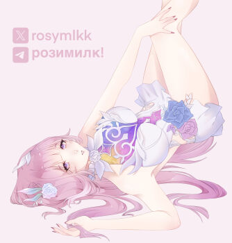 1girl absurdres artist_name breasts commentary cyrene_(honkai:_star_rail) cyrene_(ripples_of_past_reverie)_(honkai:_star_rail) dress english_commentary flower hair_flower hair_ornament highres honkai:_star_rail honkai_(series) large_breasts legs_up long_hair looking_at_viewer parted_lips pink_hair rosymlkk simple_background solo telegram_logo thighs twitter_x_logo very_long_hair white_background white_dress