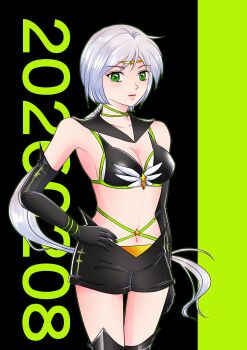 Rule 34 | 1girl, bishoujo senshi sailor moon, bishoujo senshi sailor moon stars, black gloves, black sailor collar, bra, breasts, brooch, circlet, cleavage, commentary request, dated, detached collar, elbow gloves, gloves, green eyes, highres, jewelry, kedamonoko, lips, long hair, looking at viewer, medium breasts, midriff, navel, ponytail, sailor collar, sailor star healer, shorts, smile, solo, star (symbol), star brooch, underwear, white hair, yaten kou