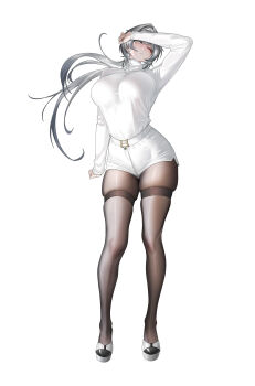 Rule 34 | 1girl, absurdres, belt, breasts, brown thighhighs, chinese commentary, commentary request, full body, grey eyes, grey hair, hair intakes, highres, holding, holding jewelry, holding necklace, jewelry, large breasts, long legs, long sleeves, looking at viewer, necklace, one eye closed, original, rong767361929, shoes, short hair with long locks, shorts, silver necklace, simple background, skindentation, sweater, sweater tucked in, thigh strap, thighhighs, white background, white belt, white shoes, white shorts, white sweater