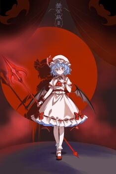 1girl absurdres ascot bat_wings blue_hair bow brooch collared_shirt commentary_request different_shadow frilled_shirt_collar frills full_body hat hat_ribbon highres holding holding_polearm holding_weapon jewelry looking_at_viewer mary_janes mob_cap orange_eyes pink_hat pink_shirt pink_skirt polearm puffy_short_sleeves puffy_sleeves red_ascot red_bow red_eyes red_shoes remilia_scarlet ribbon shadow shirt shoes short_sleeves skirt sleeve_bow smile socks solo spear_the_gungnir touhou translation_request weapon white_socks wings wrist_cuffs zhaoxi_ran_gu