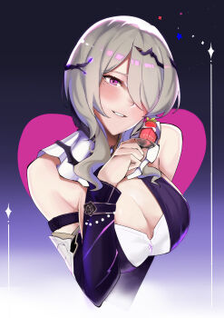 Rule 34 | 1girl, :d, absurdres, birthday, breasts, brown hair, cake, cake slice, commentary request, dress, food, grin, hair over one eye, highres, holding, holding spoon, honkai (series), honkai impact 3rd, large breasts, looking at viewer, medium hair, mole, mole under eye, open mouth, purple dress, purple eyes, purple sleeves, rita rossweisse, rita rossweisse (miss espionage), smile, solo, spoon, teeth, tofuhey0w0