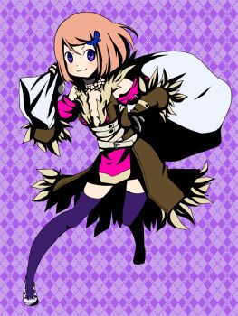 Rule 34 | 1girl, :3, argyle background, blush, breasts, brown coat, brown gloves, butterfly hair ornament, closed mouth, coat, commentary request, cross-laced clothes, cross-laced top, dress, elbow gloves, fingerless gloves, full body, fur-trimmed coat, fur trim, gloves, hair ornament, high contrast, holding, holding sack, looking at viewer, meiko (nattu303), pink dress, pink hair, purple background, purple eyes, purple thighhighs, ragnarok online, sack, shadow chaser (ragnarok online), short hair, small breasts, smile, solo, thighhighs, v-shaped eyebrows