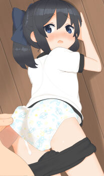 1boy 1girl abaji against_wall animal_print ass black_buruma black_hair blouse blue_eyes blush buruma buruma_pull cameltoe censored character_request clothes_pull clothes_writing copyright_request cum cum_in_clothes cum_in_panties cum_on_body cum_on_clothes cum_on_legs cum_on_panties cum_on_underwear cum_through_clothes cumdrip ejaculation_under_clothes eyes_visible_through_hair flat_chest from_behind frottage grinding gym_shirt gym_uniform hair_between_eyes hair_ribbon hands_against_wall hetero highres loli looking_back open_mouth out_of_frame panties pants pants_pull penis penis_in_panties penis_under_another's_clothes print_clothes print_panties print_underwear rabbit_panties rabbit_print ribbon sanrio shirt short_sleeves shorts shorts_pull source_request star_(symbol) star_panties star_print sugarbunnies tagme underwear wall white_panties white_shirt