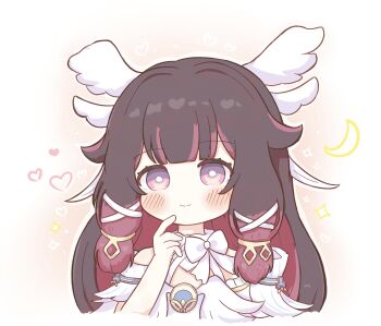 1girl absurdres bare_shoulders black_hair blush bow closed_mouth columbina_(genshin_impact) commentary_request crescent finger_to_mouth genshin_impact hair_ornament hand_up heart highres long_hair long_sidelocks multicolored_hair off_shoulder purple_eyes purple_hair sidelocks smile solo very_long_hair white_background white_bow wing_hair_ornament yuu_neconouti