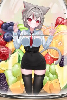 1girl absurdres against_glass air_bubble animal_ears belt black_belt black_skirt black_thighhighs blackberry_(fruit) blueberry blush breast_press breasts bubble cat_ears cat_girl cat_tail closed_mouth collared_shirt commentary covered_navel double-parted_bangs food fruit full_body grapes grey_hair hair_intakes hands_up high-waist_skirt highres in_container in_jar jar jjalbaaaaa kneeling large_breasts lime_(fruit) lime_slice looking_at_viewer miniskirt multicolored_hair necktie neneko_mashiro one_side_up orange_(fruit) orange_slice pants partially_submerged pencil_skirt red_eyes red_necktie shirt shirt_tucked_in short_hair skirt solo stellive strawberry streaked_hair symbol-only_commentary tail thighhighs virtual_youtuber water wet wet_clothes wet_shirt white_shirt wing_collar zettai_ryouiki