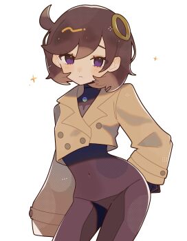 1girl black_hair blush bodysuit brown_coat coat emma_(pokemon) hair_ornament hand_on_own_hip jacket long_sleeves looking_at_viewer mega_stone nintendo okayuyuyu pokemon pokemon_legends:_z-a purple_eyes sad short_hair sparkle standing white_background wide_sleeves