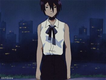 1990s_(style) 1girl animated animated_gif artist_name black_choker black_shorts chainsaw_man choker collared_shirt explosion grenade_pin hair_bun looking_at_viewer neck_ribbon pulling retro_artstyle reze_(chainsaw_man) ribbon sapgoon shirt shirt_tucked_in shorts single_hair_bun sleeveless sleeveless_shirt solo